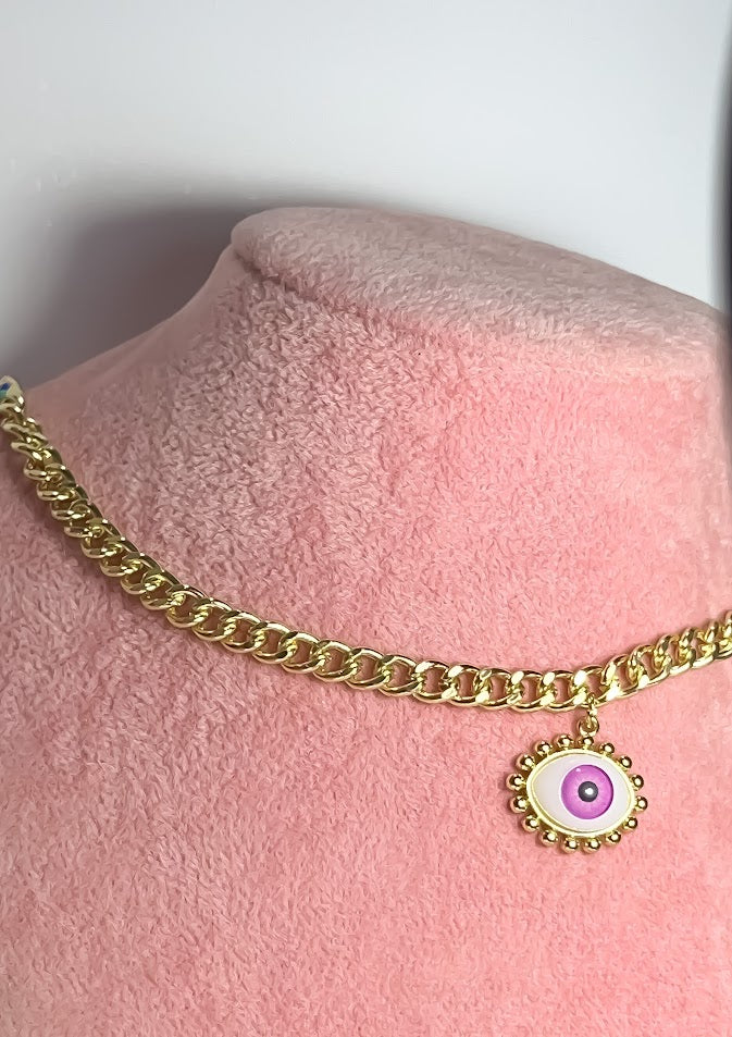 CHOKER OJO COLOR ROSA BOLITAS