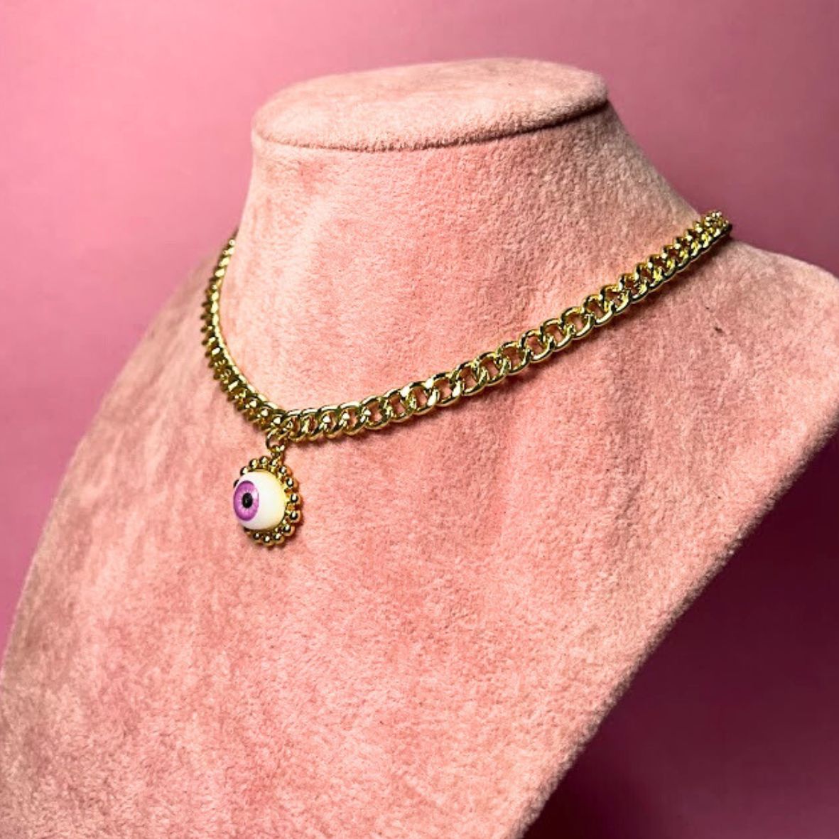 CHOKER OJO COLOR ROSA BOLITAS